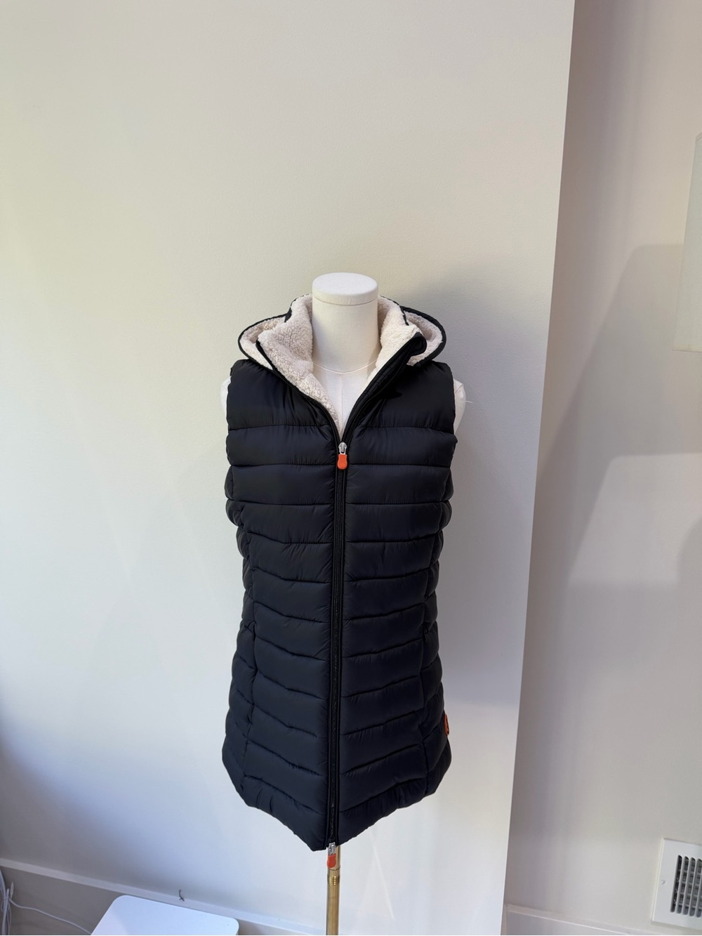 SAVE THE DUCK Black Quilted Sleeveless Puffer Vest with Sherpa Hood